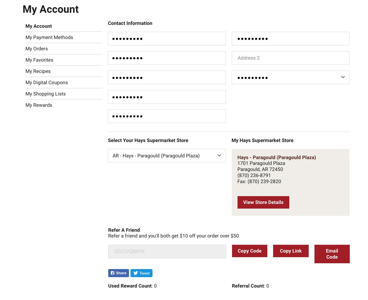 Screenshot of "My Account" Page.